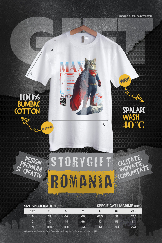 Tricou Femei cu Animal SuperMan in Varful Muntelui, Power Pose, Peronalizata cu Numele si Poza Animalului Tau cu imprimeu pe Fata, 100% Bumbac, Alb, S [4]