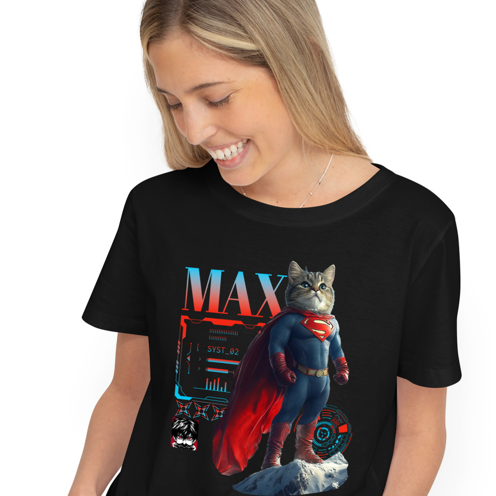 Tricou Femei cu Animal SuperMan in Varful Muntelui, Power Pose, Peronalizata cu Numele si Poza Animalului Tau cu imprimeu pe Fata, 100% Bumbac, Negru, XS [1]