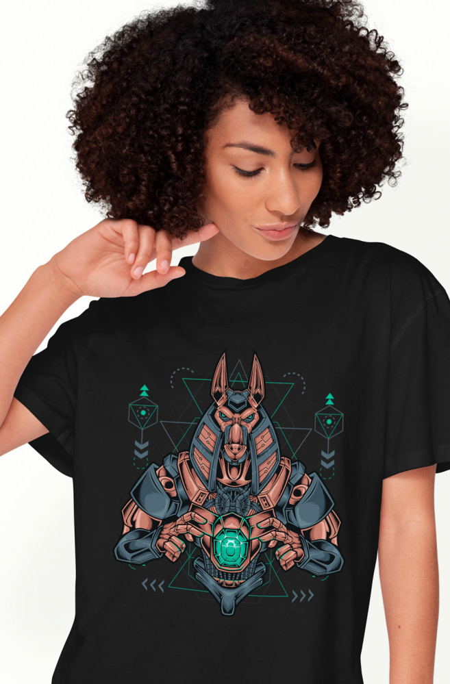 Tricou Femei Cu Anubis, Mecha, Sci Fi, Geometric, Mitologie, Multicolor  cu imprimeu pe Fata, 100% Bumbac, Negru, XL [1]
