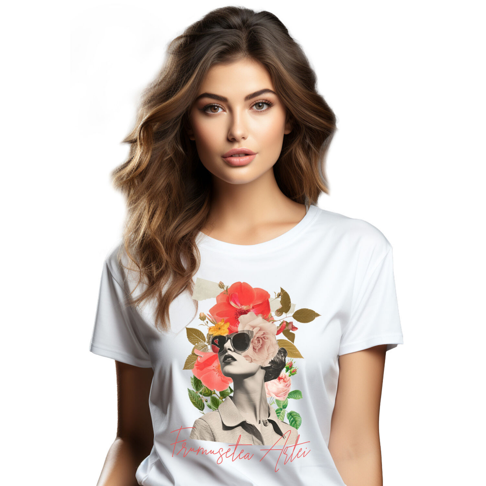 Tricou Femei, Barbati, Copii, Fata, Baiat, Unisex Personalizat Artă Abstractă Chip Feminin cu Ochelari și Text „Frumusețea Artei” | Cadouri Personalizate pentru Femei și Familie [1]