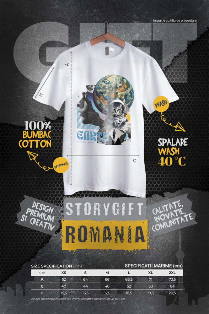 Tricou Femei, Barbati, Copii, Fata, Baiat, Unisex Personalizat "Produse personalizate de artă – Chip uman, planetă Pământ, Lună, pisică spațială și rachetă" [4]