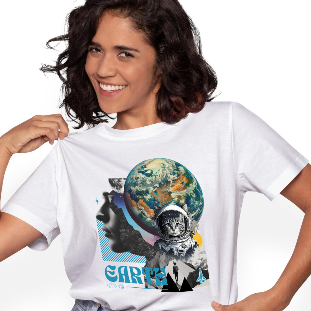 Tricou Femei, Barbati, Copii, Fata, Baiat, Unisex Personalizat "Produse personalizate de artă – Chip uman, planetă Pământ, Lună, pisică spațială și rachetă" [1]