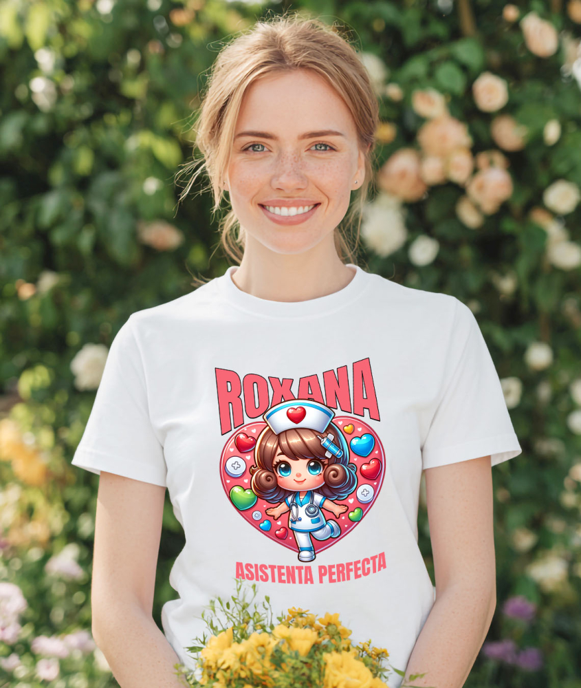 Tricou Femei, Barbati, Copii, Fata, Baiat, Unisex Personalizat Asistentă Medicală în Costum Alb – Design Personalizat Medicină [2]