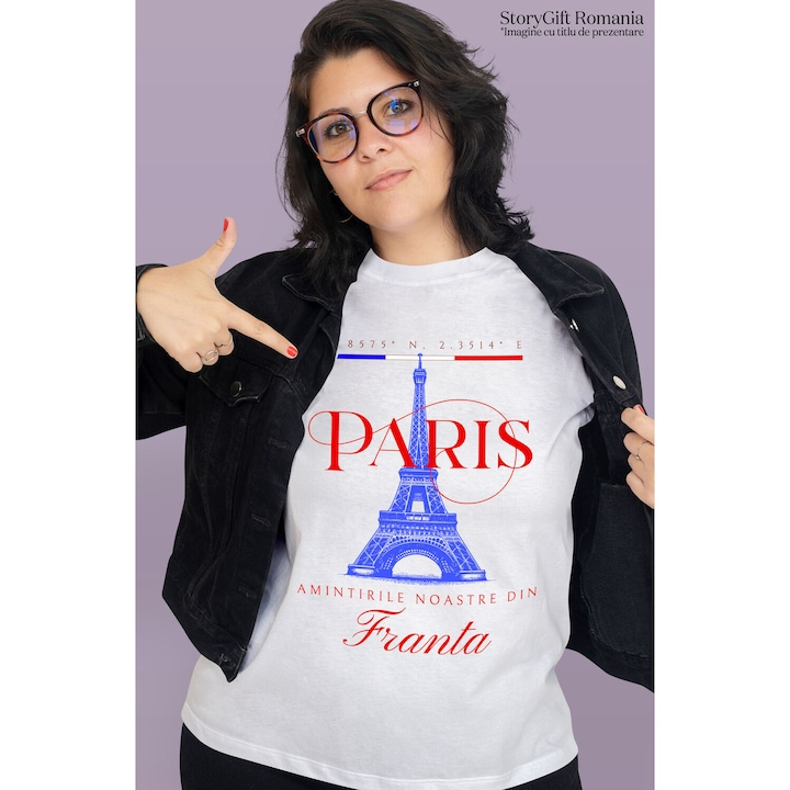 Tricou Femei cu Atractie Turistica Turnul Eiffel Franta Paris, Iubitorii De Calatorii, Aventura cu imprimeu pe Fata, 100% Bumbac, Alb, L [2]