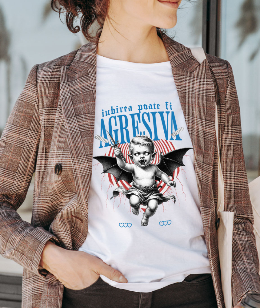 Tricou Femei, Barbati, Copii, Fata, Baiat, Unisex Personalizat Bebe cu Aripi de Diavol și Cuțit – Cadou Personalizat „Iubirea Poate Fi Agresivă” pentru Valentine's Day [2]
