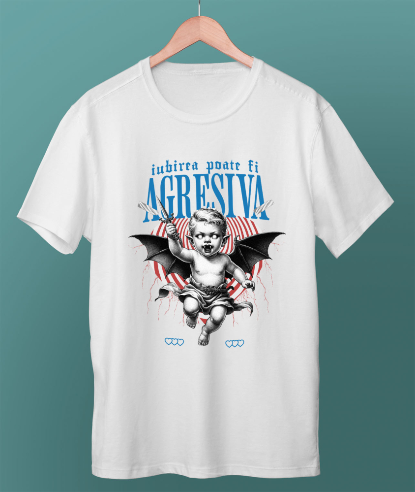 Tricou Femei, Barbati, Copii, Fata, Baiat, Unisex Personalizat Bebe cu Aripi de Diavol și Cuțit – Cadou Personalizat „Iubirea Poate Fi Agresivă” pentru Valentine's Day [3]