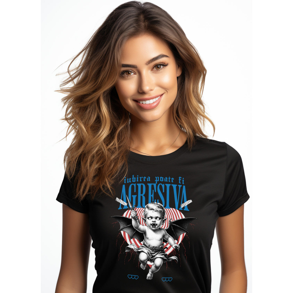 Tricou Femei, Barbati, Copii, Fata, Baiat, Unisex Personalizat Bebe cu Aripi de Diavol și Cuțit – Cadou Personalizat „Iubirea Poate Fi Agresivă” pentru Valentine's Day [1]