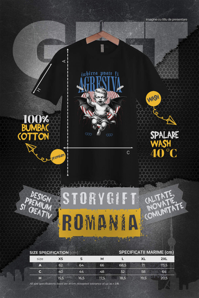 Tricou Femei, Barbati, Copii, Fata, Baiat, Unisex Personalizat Bebe cu Aripi de Diavol și Cuțit – Cadou Personalizat „Iubirea Poate Fi Agresivă” pentru Valentine's Day [4]