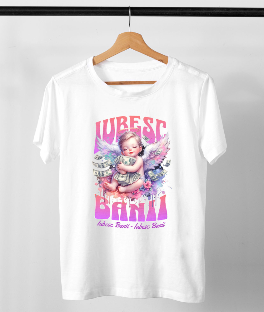 Tricou Femei, Barbati, Copii, Fata, Baiat, Unisex Personalizat Bebelus Înger pe Nor cu Bancnote – „Iubesc Banii” – Cadou Personalizat pentru Familie, Tati, Copii, Prieteni [3]