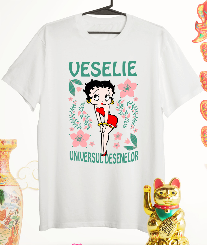 Tricou Femei cu Betty Boop și Călătoria în Grădina de Flori Roz 100% Bumbac, Alb, S [3]