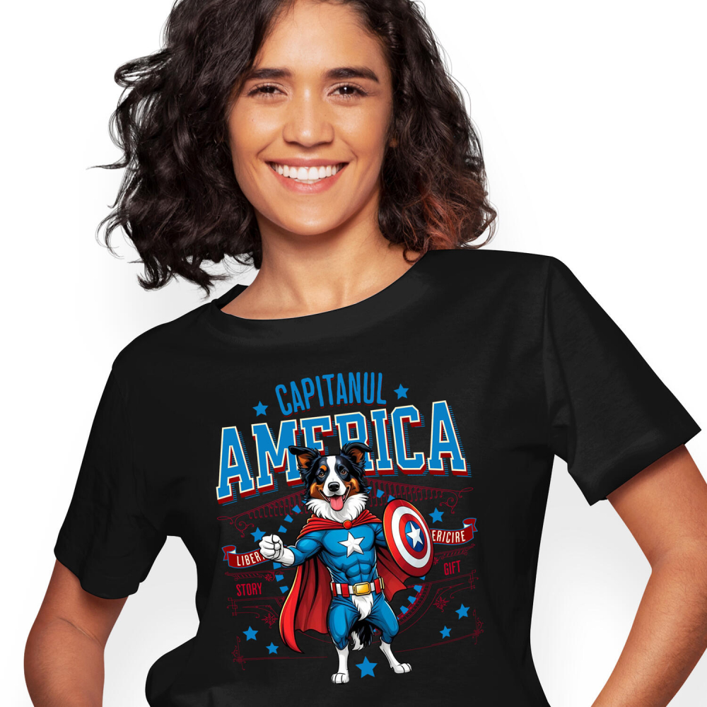 Tricou Femei, Barbati, Copii, Fata, Baiat, Unisex Personalizat Border Collie în Costum Captain America cu Pelerină - Cadou Personalizat pentru Copii și Iubitorii de Câini [1]