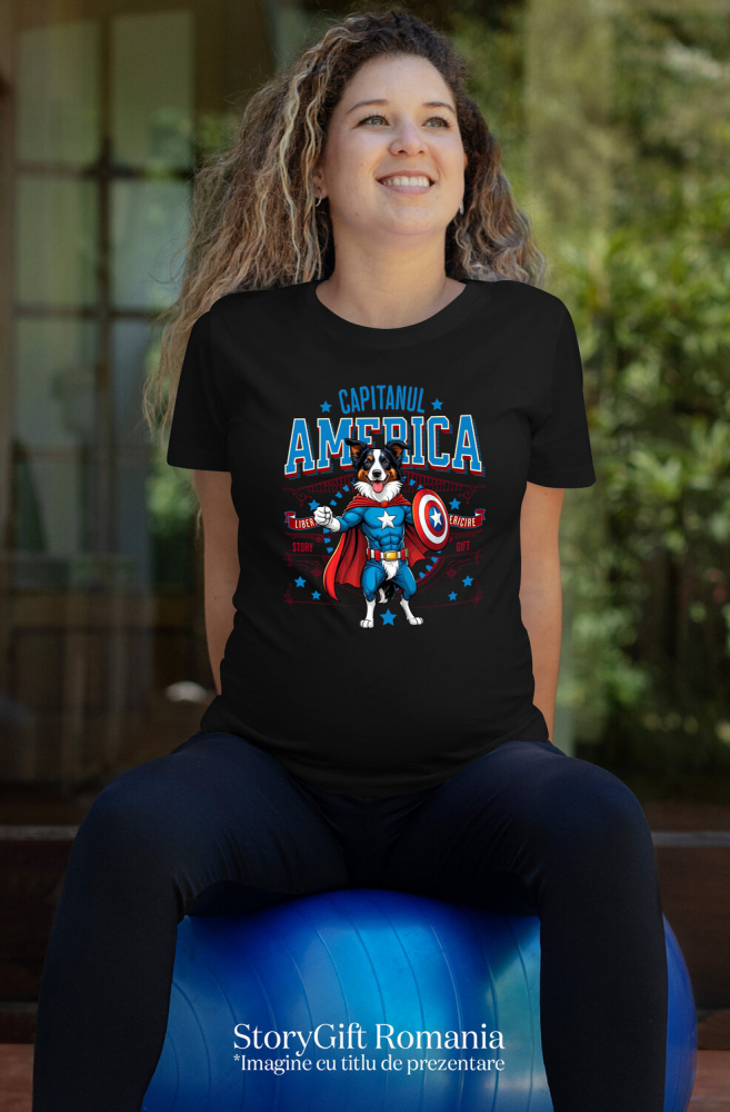 Tricou Femei, Barbati, Copii, Fata, Baiat, Unisex Personalizat Border Collie în Costum Captain America cu Pelerină - Cadou Personalizat pentru Copii și Iubitorii de Câini [2]