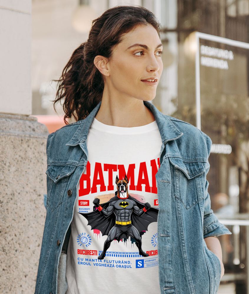 Tricou Femei, Barbati, Copii, Fata, Baiat, Unisex Personalizat Boxer În Costum de Batman – Câine Supererou pentru Copii și Iubitorii de Animale [2]