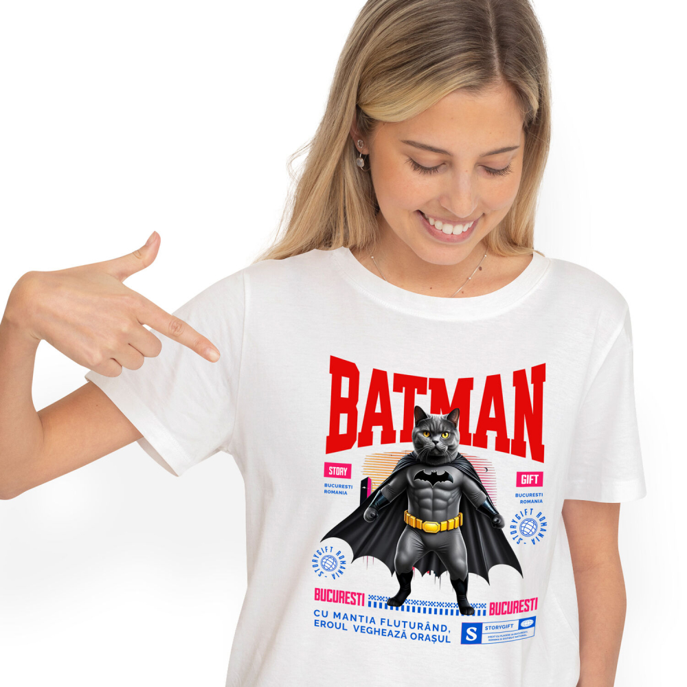 Tricou Femei, Barbati, Copii, Fata, Baiat, Unisex Personalizat British Shorthair în Costum de Batman – Supereroul Perfect pentru Copii și Iubitorii de Pisici [1]