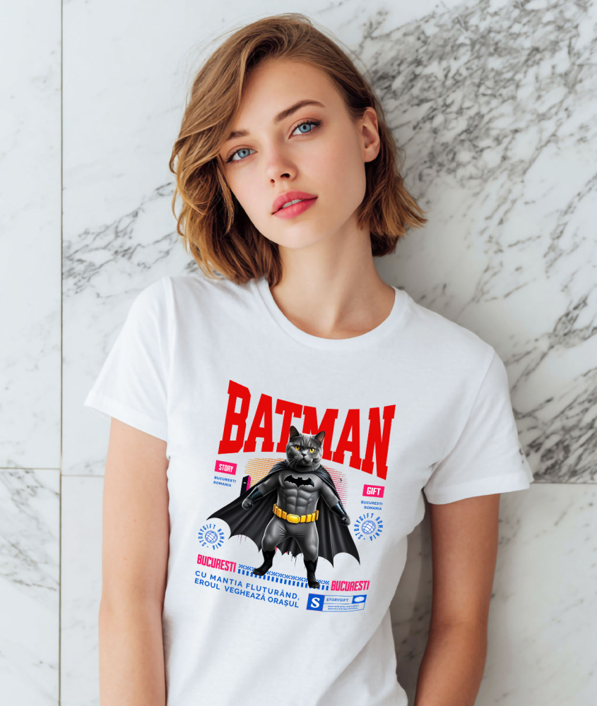 Tricou Femei, Barbati, Copii, Fata, Baiat, Unisex Personalizat British Shorthair în Costum de Batman – Supereroul Perfect pentru Copii și Iubitorii de Pisici [2]