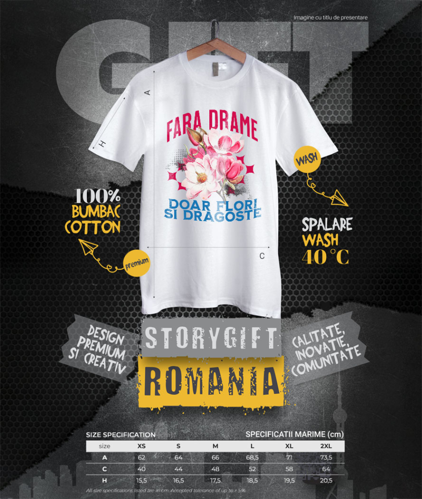 Tricou Femei, Barbati, Copii, Fata, Baiat, Unisex Personalizat Buchet de Flori Roz „Fara Drame, Doar Flori si Dragoste” | Cadou Romantic și Elegant [4]
