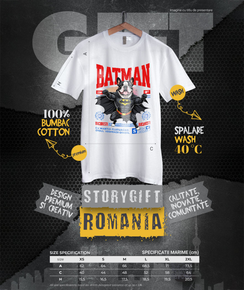 Tricou Femei, Barbati, Copii, Fata, Baiat, Unisex Personalizat Bulldog În Costum de Batman – Câine Supererou pentru Copii și Iubitorii de Animale [4]