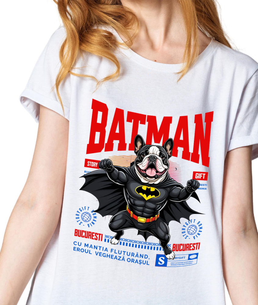 Tricou Femei, Barbati, Copii, Fata, Baiat, Unisex Personalizat Bulldog În Costum de Batman – Câine Supererou pentru Copii și Iubitorii de Animale [2]