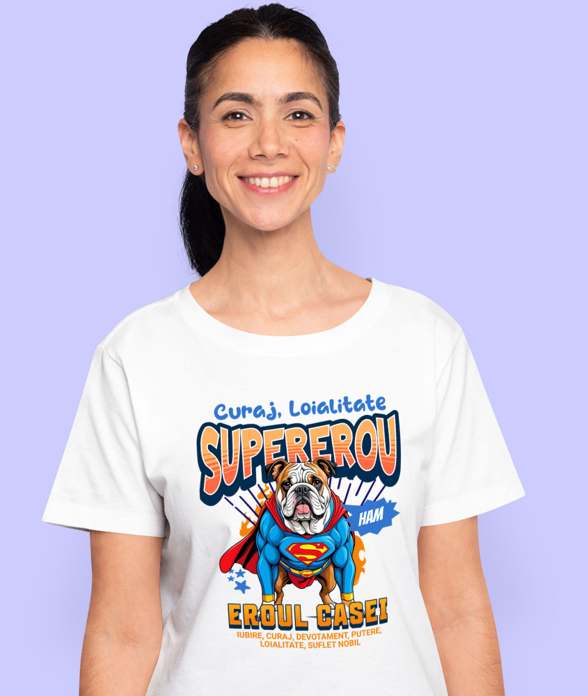 Tricou Femei, Barbati, Copii, Fata, Baiat, Unisex Personalizat Bulldog în Costum de Superman – Produse Personalizate pentru Familie și Copii [2]