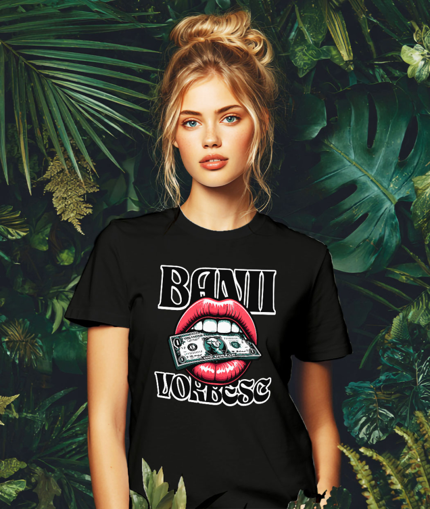 Tricou Femei, Barbati, Copii, Fata, Baiat, Unisex Personalizat Muscătură Bancnotă Dolar – „Banii Vorbesc” – Buze Femeie – Cadou Personalizat pentru Familie, Tati, Copii, Prieteni [2]