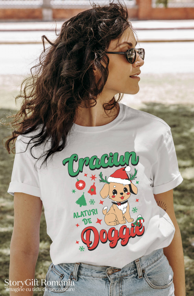 Tricou Femei, Barbati, Copii, Fata, Baiat, Unisex Personalizat Câine cu Căciulă de Crăciun - Crăciun Alături de Doggie [2]