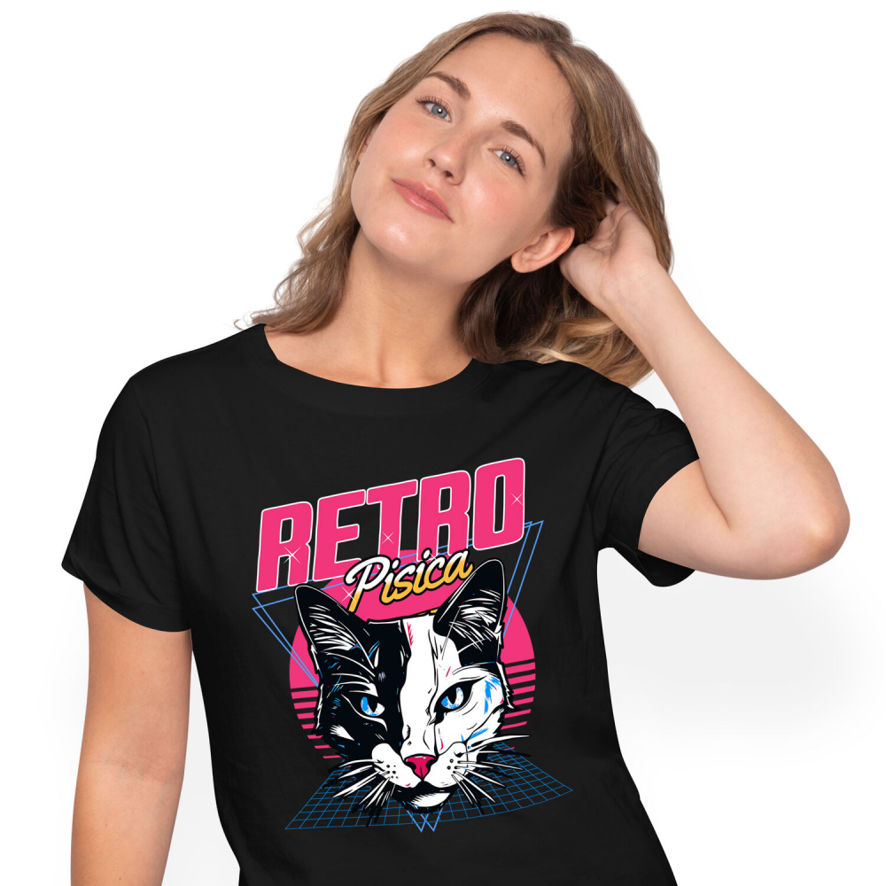 Tricou Femei, Barbati, Copii, Fata, Baiat, Unisex Personalizat Cap Pisica Alb Negru Retro - Cadou Personalizat Iubitorilor De Pisici, Familie și Prieteni [1]