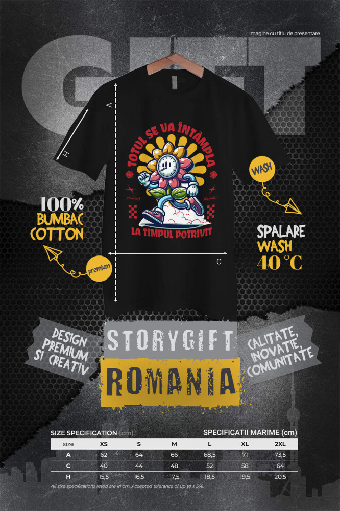 Tricou Femei, Barbati, Copii, Fata, Baiat, Unisex Personalizat „Totul se va întâmpla la momentul potrivit” - Ceas Floarea Soarelui Personalizat | Cadou Inspirational pentru Familie și Prieteni [4]