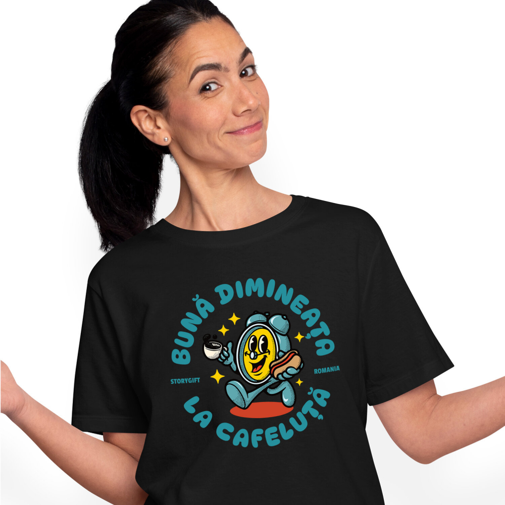 Tricou Femei, Barbati, Copii, Fata, Baiat, Unisex Personalizat Ceas Mecanica „Buna Dimineața” – Cadou Personalizat Cu Cafea și Hot-Dog | Dimineața Perfectă [1]