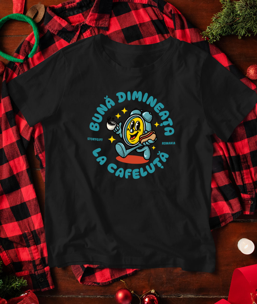Tricou Femei, Barbati, Copii, Fata, Baiat, Unisex Personalizat Ceas Mecanica „Buna Dimineața” – Cadou Personalizat Cu Cafea și Hot-Dog | Dimineața Perfectă [3]