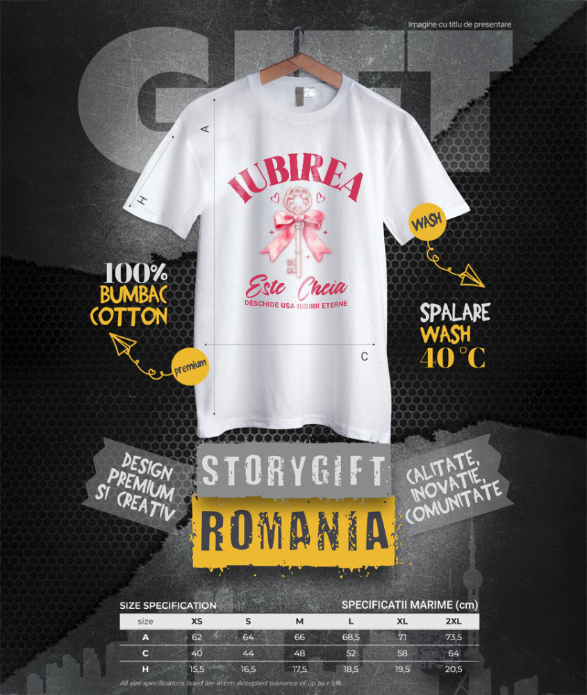 Tricou Femei, Barbati, Copii, Fata, Baiat, Unisex Personalizat Cheie de Argint cu Funda Roz și Mesaj „Iubirea este cheia iubirii eterne” – Cadou Personalizat [4]