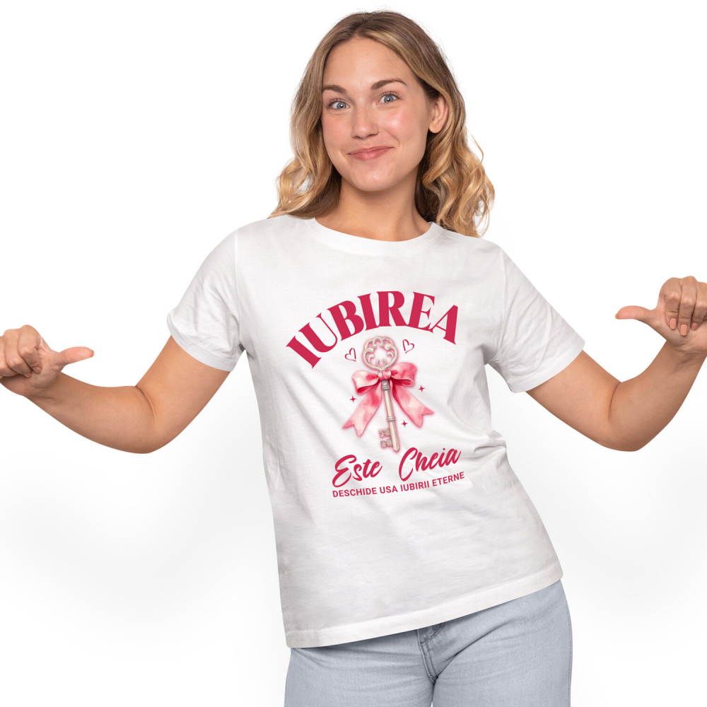 Tricou Femei, Barbati, Copii, Fata, Baiat, Unisex Personalizat Cheie de Argint cu Funda Roz și Mesaj „Iubirea este cheia iubirii eterne” – Cadou Personalizat [1]
