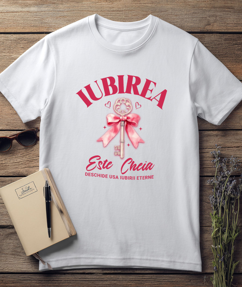 Tricou Femei, Barbati, Copii, Fata, Baiat, Unisex Personalizat Cheie de Argint cu Funda Roz și Mesaj „Iubirea este cheia iubirii eterne” – Cadou Personalizat [3]