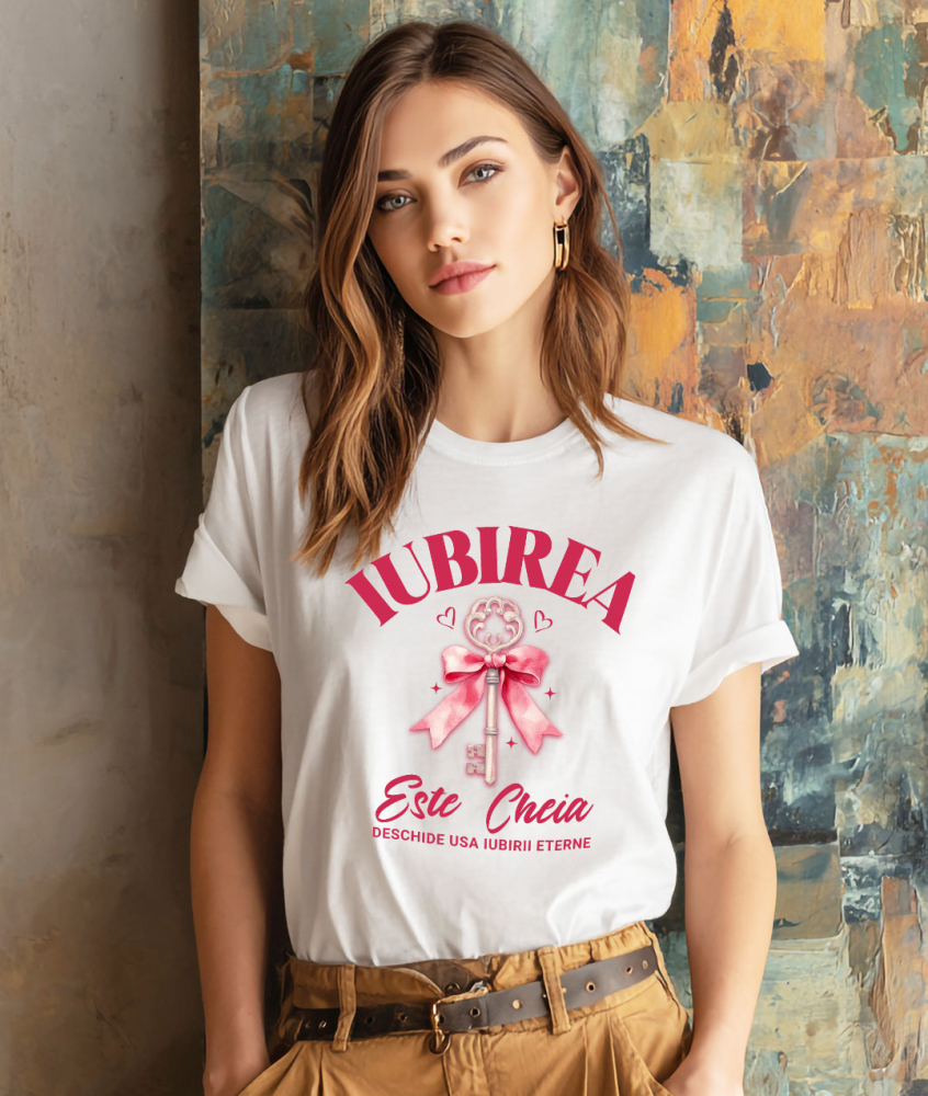 Tricou Femei, Barbati, Copii, Fata, Baiat, Unisex Personalizat Cheie de Argint cu Funda Roz și Mesaj „Iubirea este cheia iubirii eterne” – Cadou Personalizat [2]