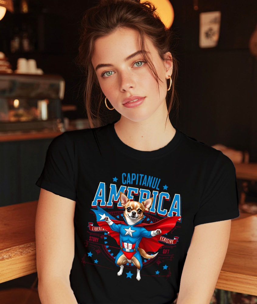 Tricou Femei, Barbati, Copii, Fata, Baiat, Unisex Personalizat Chihuahua în Costum Captain America cu Pelerină - Cadou Personalizat pentru Copii și Iubitorii de Câini [2]