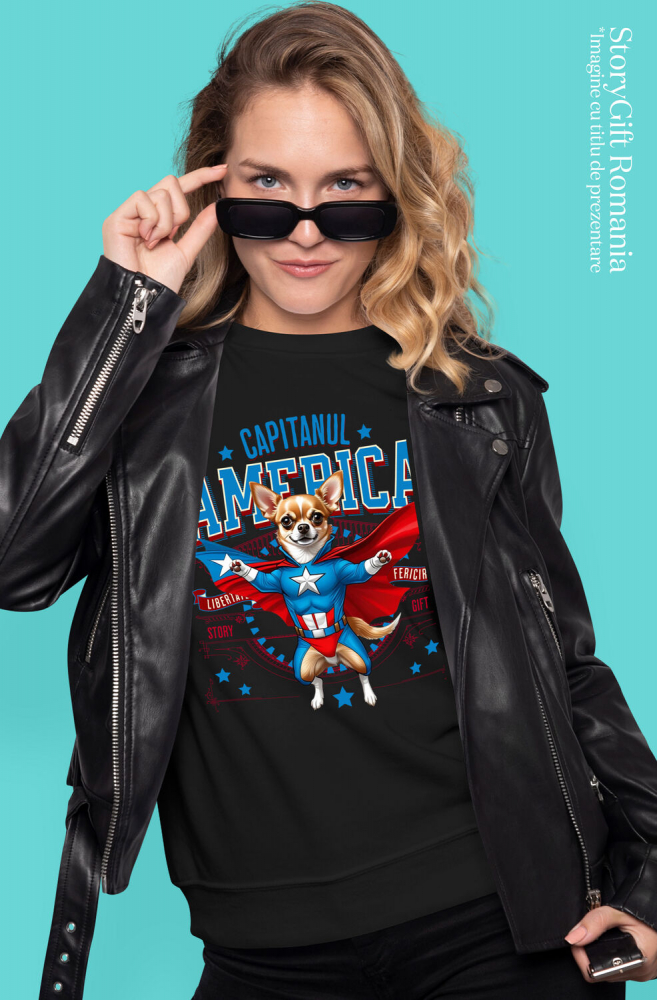 Tricou Femei, Barbati, Copii, Fata, Baiat, Unisex Personalizat Chihuahua în Costum Captain America cu Pelerină - Cadou Personalizat pentru Copii și Iubitorii de Câini [2]