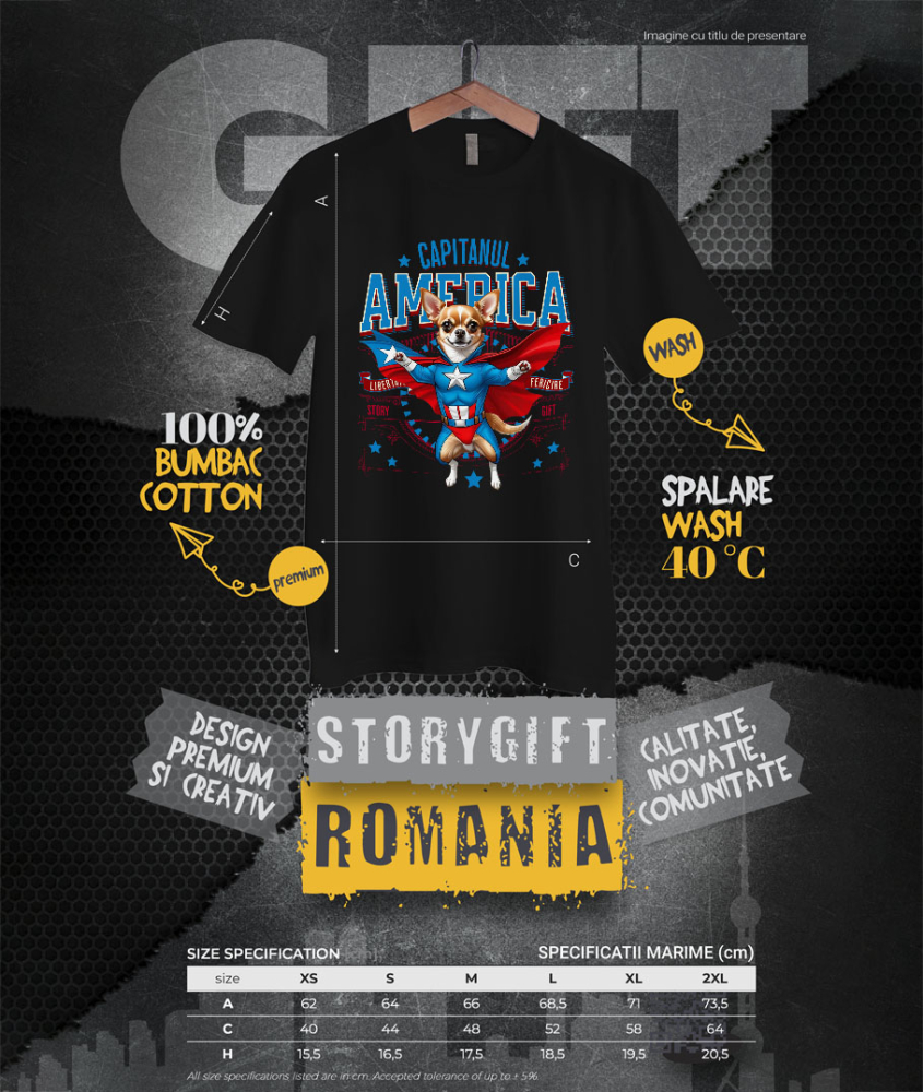 Tricou Femei, Barbati, Copii, Fata, Baiat, Unisex Personalizat Chihuahua în Costum Captain America cu Pelerină - Cadou Personalizat pentru Copii și Iubitorii de Câini [4]