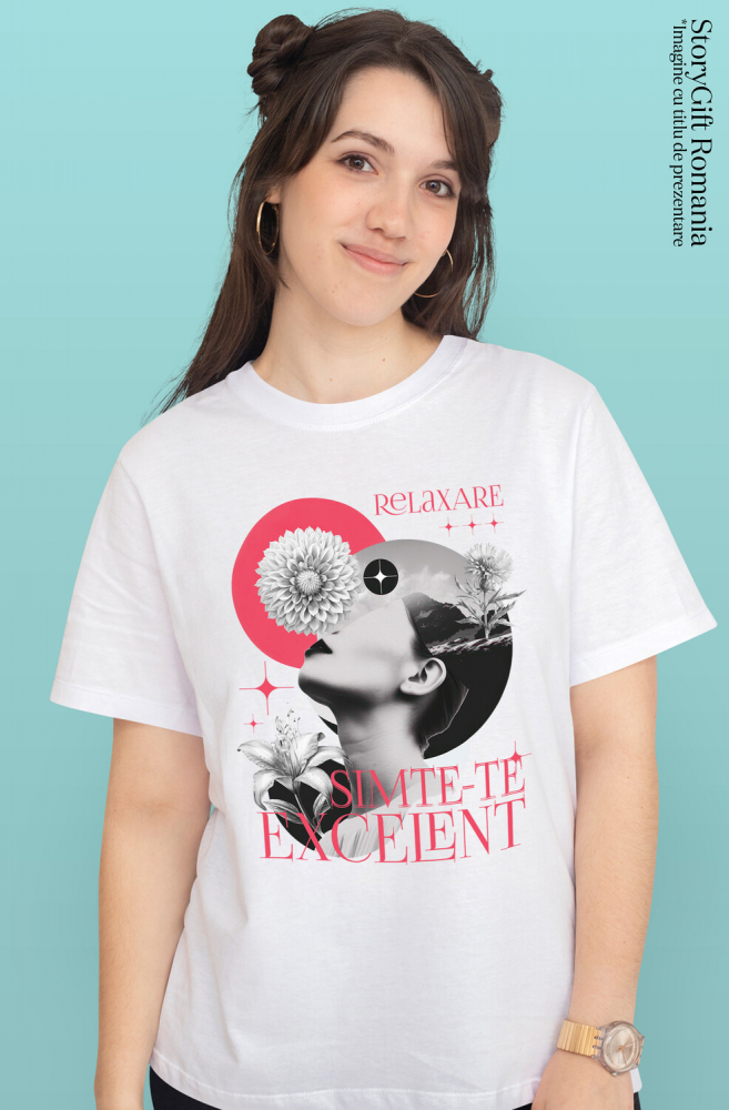 Tricou Femei, Barbati, Copii, Fata, Baiat, Unisex Personalizat Chip Feminin cu Flori Diverse - „Relaxare, Simte-te Excelent” - Cadou Motivațional [2]