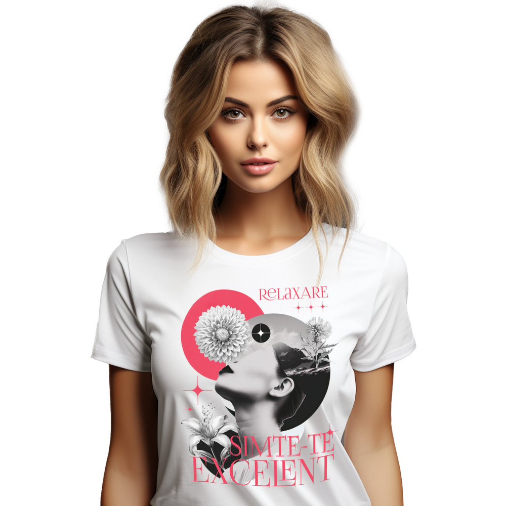 Tricou Femei, Barbati, Copii, Fata, Baiat, Unisex Personalizat Chip Feminin cu Flori Diverse - „Relaxare, Simte-te Excelent” - Cadou Motivațional [1]