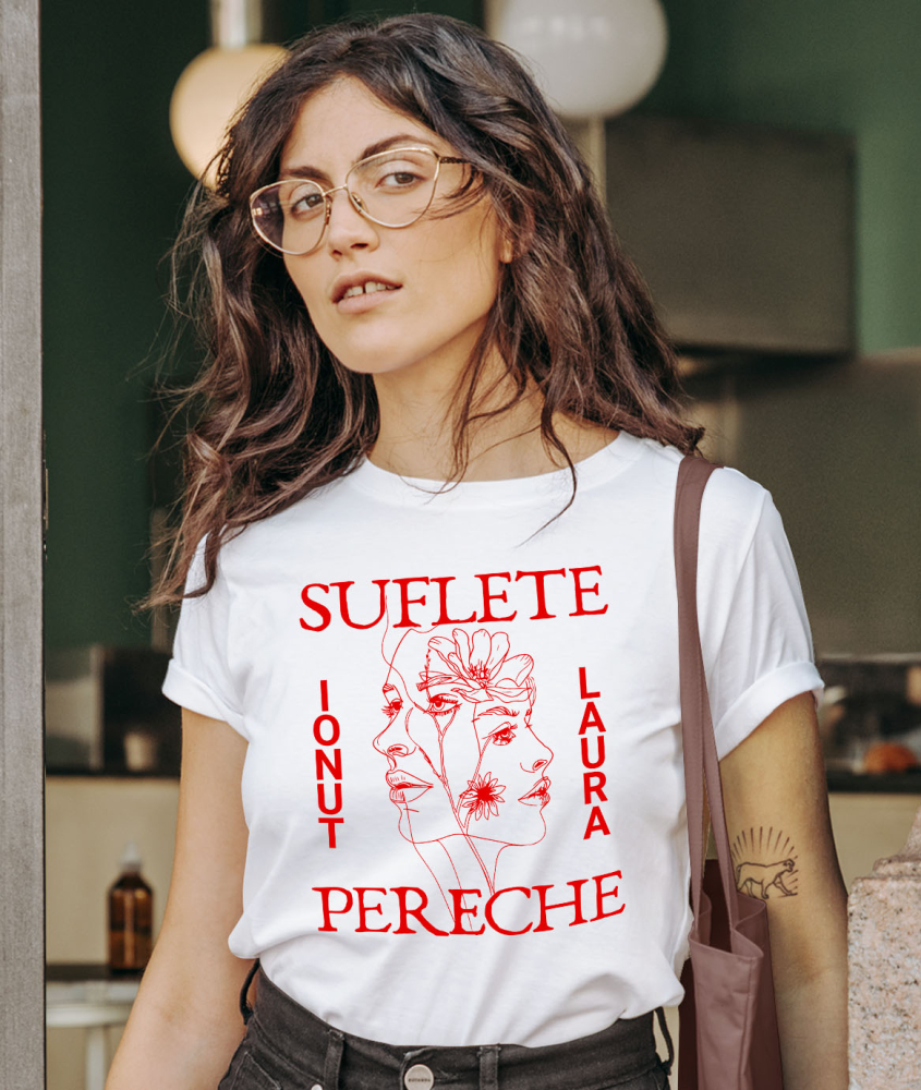 Tricou Femei, Barbati, Copii, Fata, Baiat, Unisex Personalizat „Suflete Pereche Laura Ionut - Cadou Personalizat cu Flori pentru Valentine's Day și Dragobete” [2]