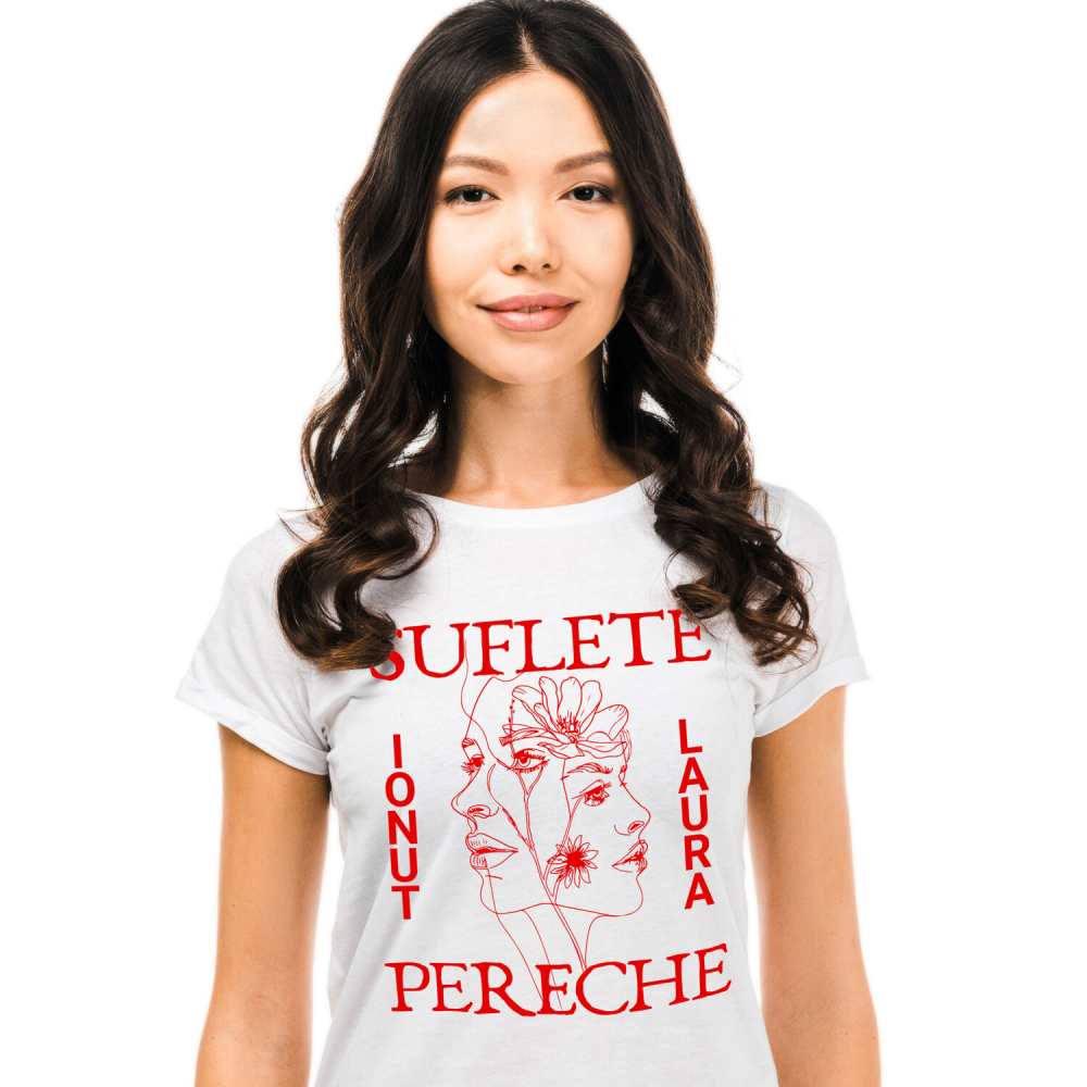 Tricou Femei, Barbati, Copii, Fata, Baiat, Unisex Personalizat „Suflete Pereche Laura Ionut - Cadou Personalizat cu Flori pentru Valentine's Day și Dragobete” [1]