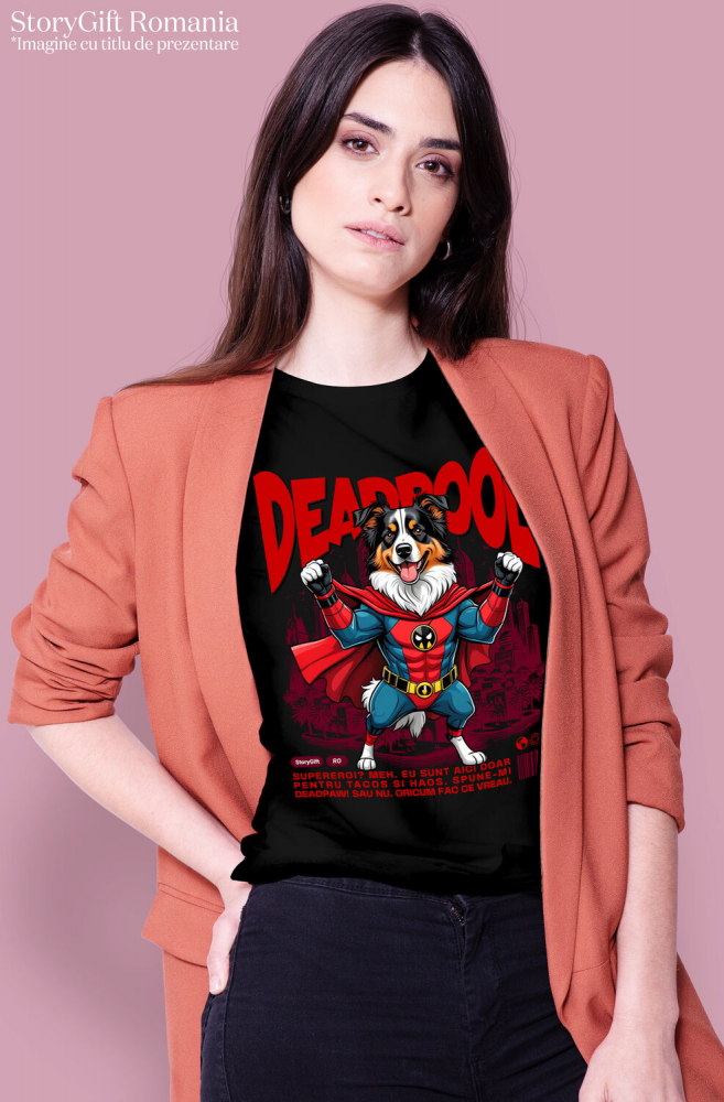 Tricou Femei, Barbati, Copii, Fata, Baiat, Unisex Personalizat Ciobănesc Australian în Costum Deadpool – Câine Supererou Amuzant și Personalizat [2]