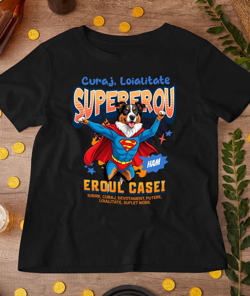 Tricou Femei, Barbati, Copii, Fata, Baiat, Unisex Personalizat Ciobănesc Australian în Costum de Superman – Produse Personalizate pentru Copii și Familie [3]