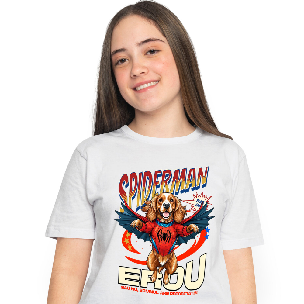 Tricou Femei, Barbati, Copii, Fata, Baiat, Unisex Personalizat Cocker Spaniel în Costum Spider-Man cu Pelerină - Cadou Personalizat pentru Copii și Iubitorii de Câini [1]