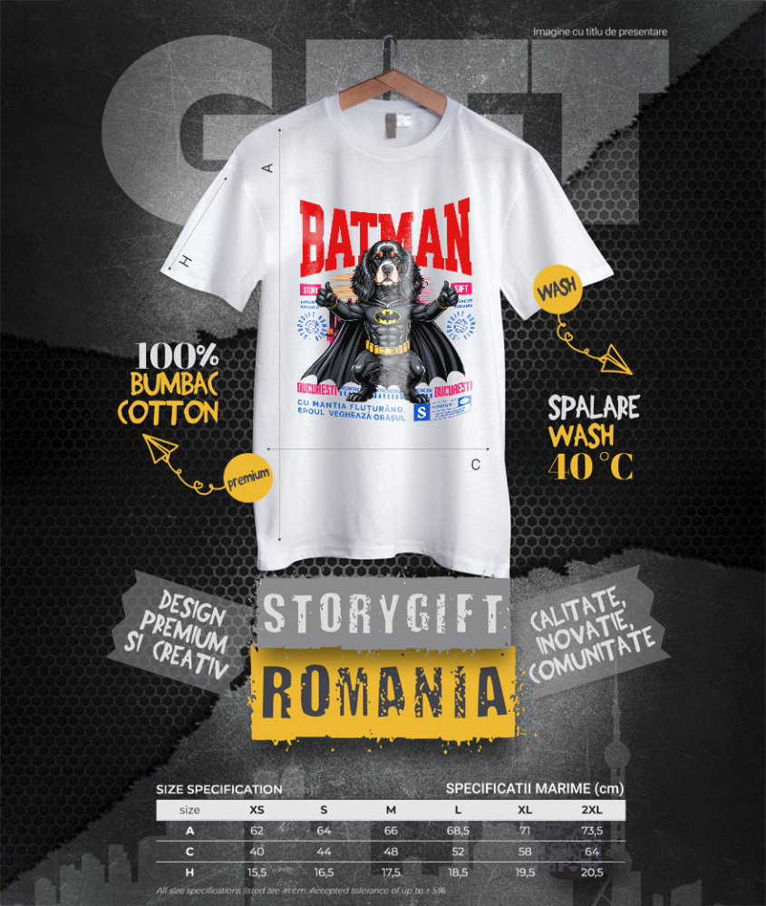 Tricou Femei, Barbati, Copii, Fata, Baiat, Unisex Personalizat Cocker Spaniel în Costum de Batman – Supererou Adorabil pentru Copii și Iubitorii de Câini [4]