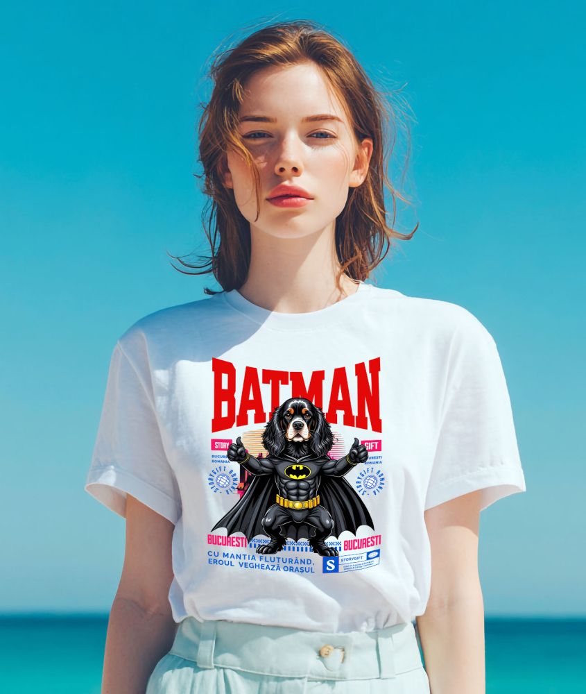 Tricou Femei, Barbati, Copii, Fata, Baiat, Unisex Personalizat Cocker Spaniel în Costum de Batman – Supererou Adorabil pentru Copii și Iubitorii de Câini [2]