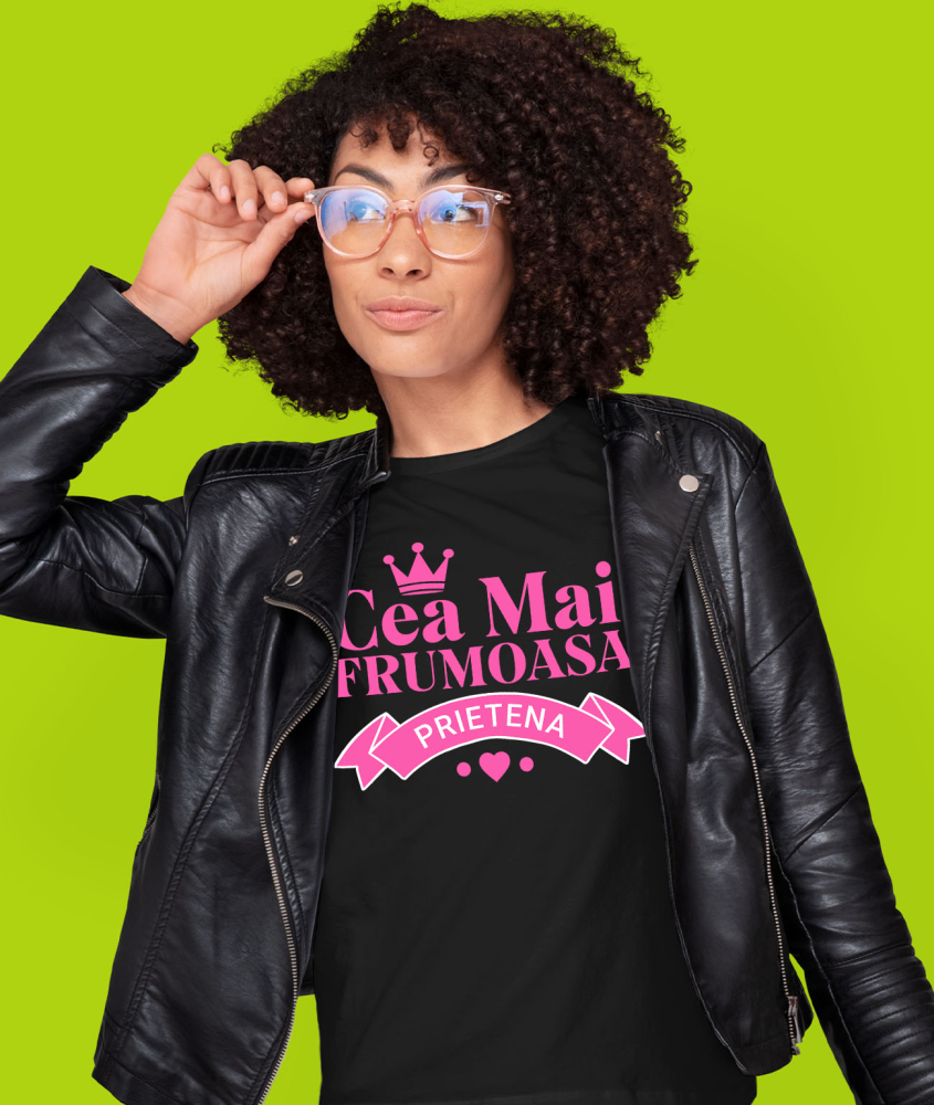 Tricou Femei, Barbati, Copii, Fata, Baiat, Unisex Personalizat "Coroana Regală de Prințesă cu Inimioare Roz – Mesaj Personalizat ‘Cea Mai Frumoasă Prietenie’" [2]