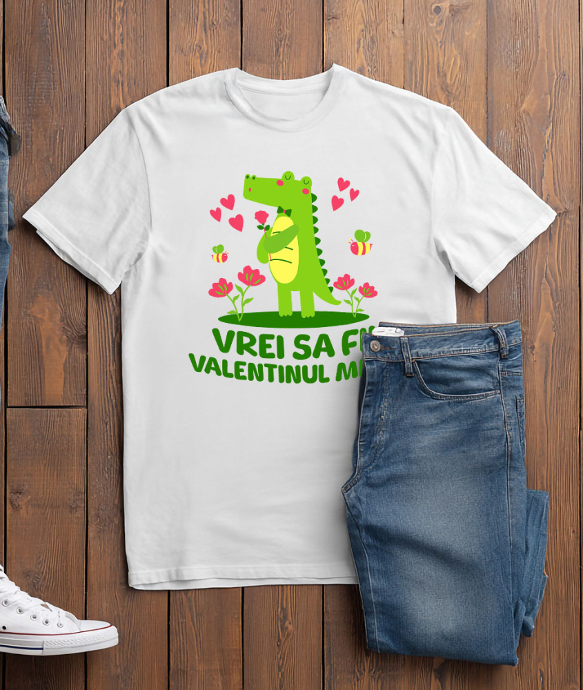 Tricou Femei, Barbati, Copii, Fata, Baiat, Unisex Personalizat „Crocodil Romantic Cu Trandafir Roz Si Papion - Cadou Personalizat „Vrei Sa Fii Valentinul Meu?” pentru Familie, Copii și Prieteni” [3]