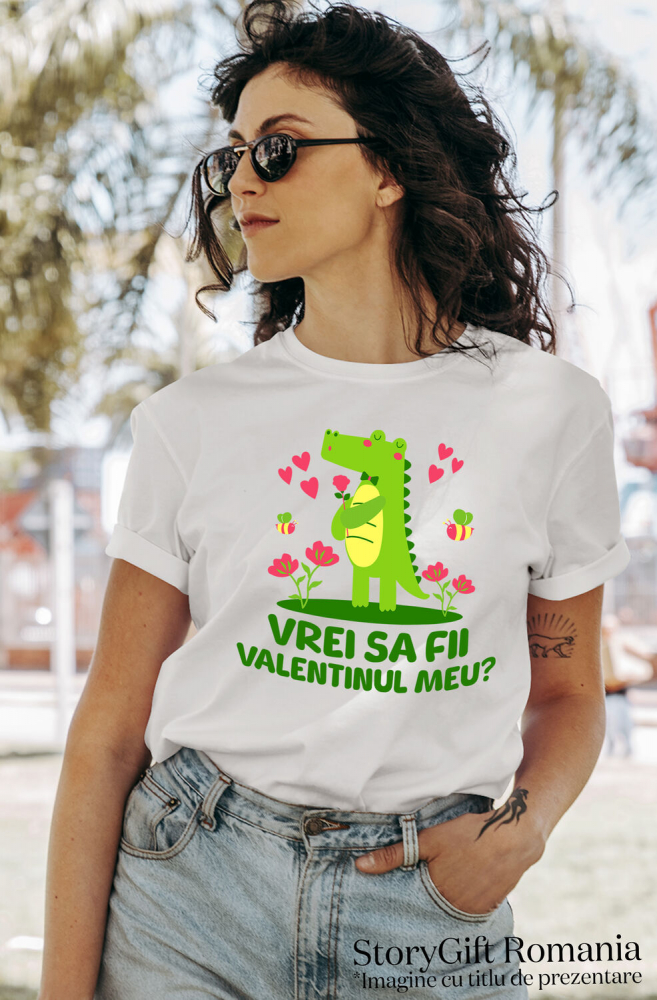 Tricou Femei, Barbati, Copii, Fata, Baiat, Unisex Personalizat „Crocodil Romantic Cu Trandafir Roz Si Papion - Cadou Personalizat „Vrei Sa Fii Valentinul Meu?” pentru Familie, Copii și Prieteni” [2]