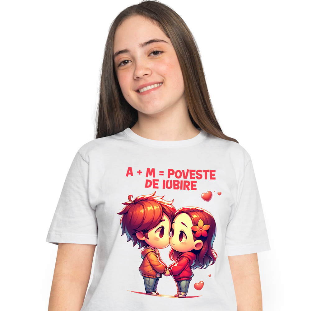 Tricou Femei, Barbati, Copii, Fata, Baiat, Unisex Personalizat Cadou Personalizat Cuplu Iubire cu Text „A+M= Poveste de Iubire” pentru Valentine's Day [1]
