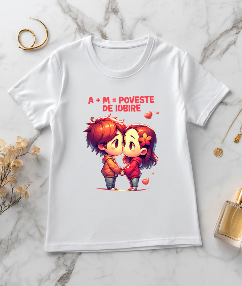 Tricou Femei, Barbati, Copii, Fata, Baiat, Unisex Personalizat Cadou Personalizat Cuplu Iubire cu Text „A+M= Poveste de Iubire” pentru Valentine's Day [3]